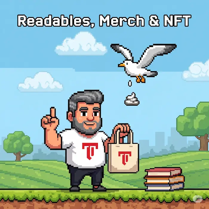 Pixel-Grafik, die beschreibt, hier Merch und NFT und ähnliches kaufen zu können