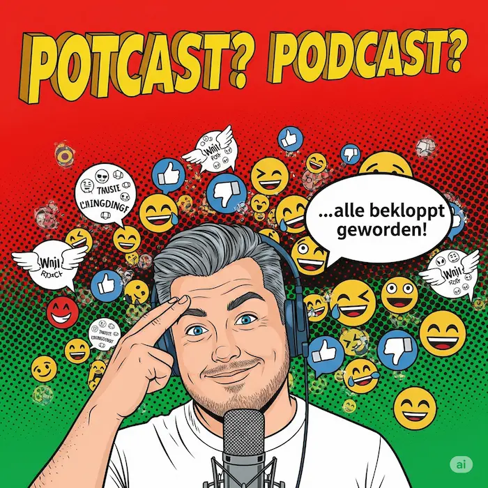 Illustrative Grafik zeigt die Comicfigur Tobias Hecht im Kontext einer Podcast-Aufnahme, wie er sich mit Fingern an die Stirn tippt und erklärt, dass alle bekloppt geworden sind. Umrahmt wird er von allerlei Emojis und leeren Worthülsen einer Phantasiesprache.